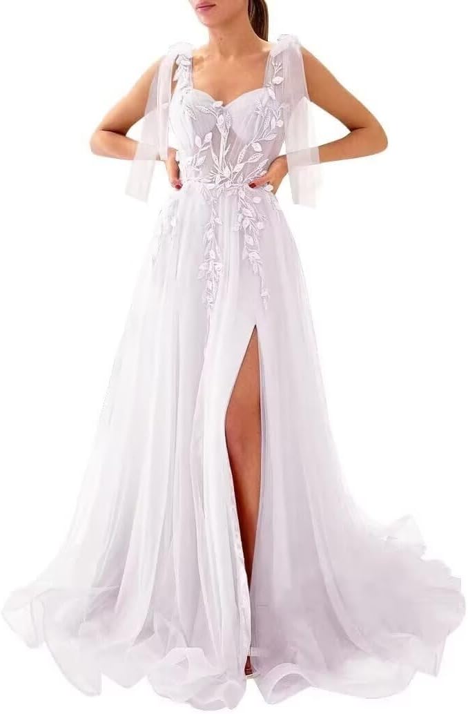 Appliques Tulle Lace Prom Dresses with Slit Spaghetti Straps Formal Evening Dress Sweetheart Ball Gowns