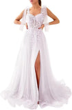 Appliques Tulle Lace Prom Dresses with Slit Spaghetti Straps Formal Evening Dress Sweetheart Ball Gowns