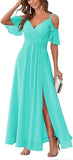 Women's Cold Shoulder Bridesmaid Dresses Long Summer Side Slit Chiffon Formal Evening Gown with Pockets