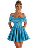 Off Shoulder Satin Homecoming Dresses for Teens 2026 Short Prom Dress A-line Pleated Cocktail Party Gowns