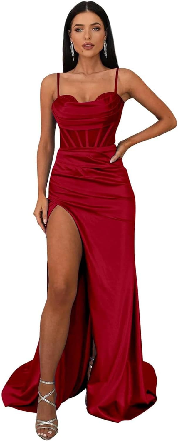 Ballkleider mit Wasserfallausschnitt, langen Spaghettiträgern, Illusion-Meerjungfrauen-Korsett, formelles Abendkleid mit Schlitz 