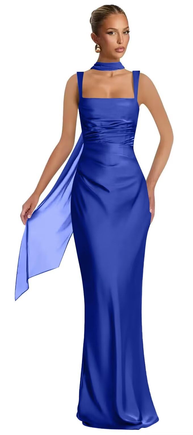 Mermaid Bridesmaid Dresses with Scarf 2027 Long Satin Spaghetti Straps Ruched Formal Evening Party Dress for Women