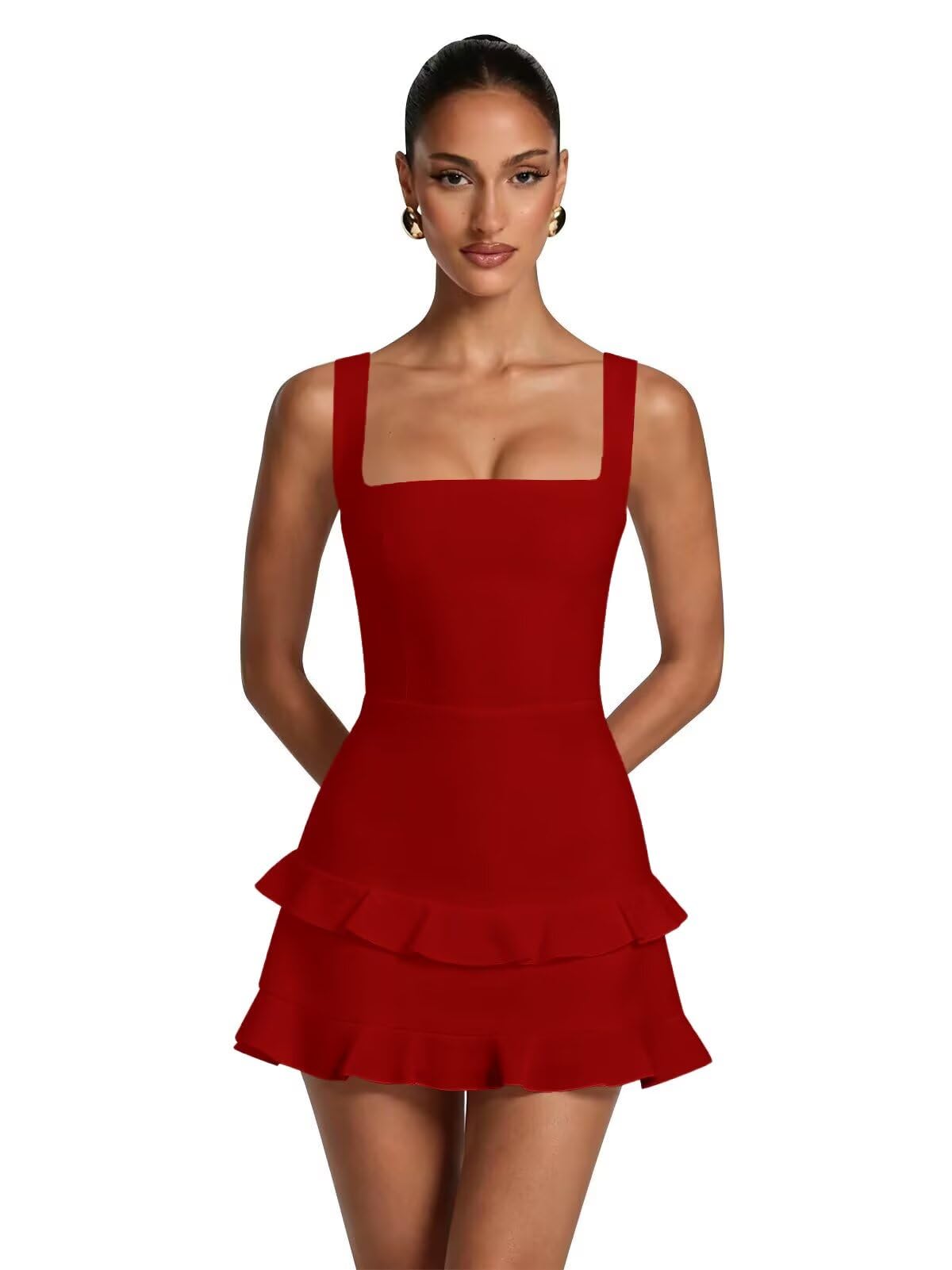 Spaghetti Straps Satin Homecoming Dresses for Teens 2026 Square Neck Tiered Ruffles Short Prom Dress