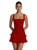 Spaghetti Straps Satin Homecoming Dresses for Teens 2026 Square Neck Tiered Ruffles Short Prom Dress