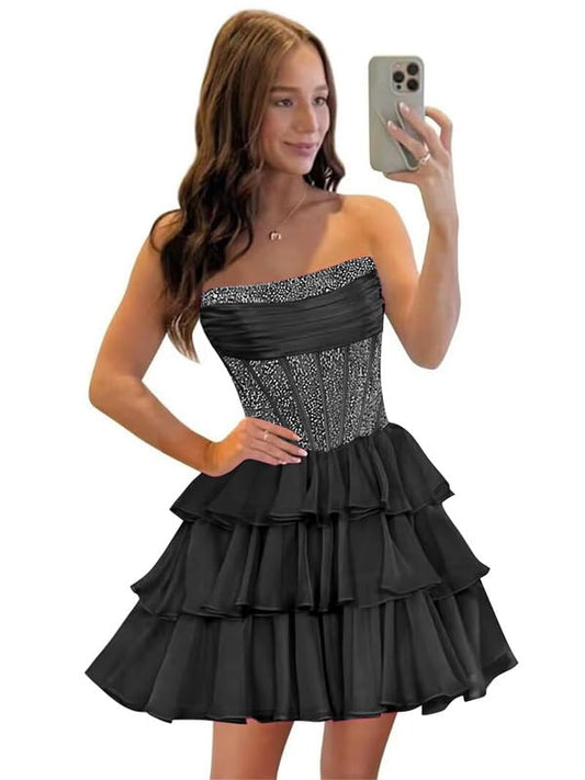 Sequin Homecoming Dress Strapless Short Prom Dress for Women Cocktail Party Gowns