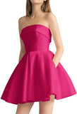 Women's Strapless Satin Short Prom Dresses with Pocket A Line Glitter Homecoming Dress Short Evening Party Ball Gown