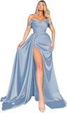 Off Shoulder Satin Bridesmaid Dresses Long Formal Gown for Wedding Ruched Prom Dress with Slit