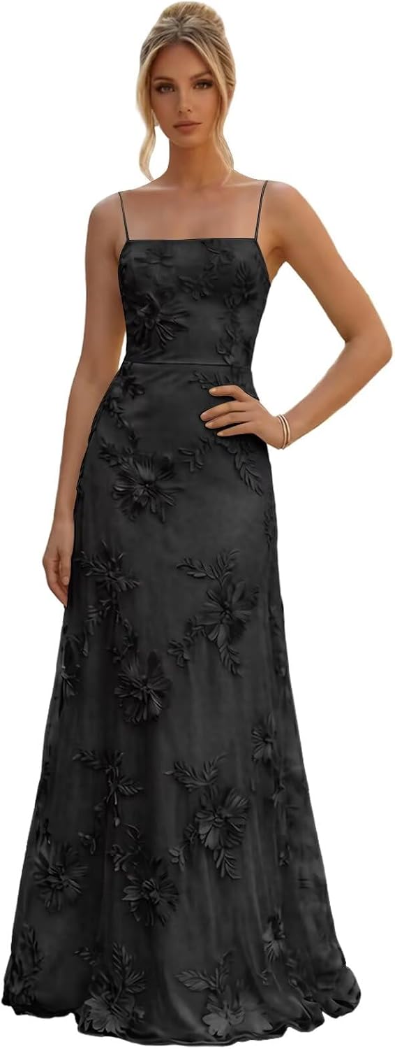 Floral Embroidery Prom Dresses for Women Spaghetti Straps A Line Formal Maxi Dress