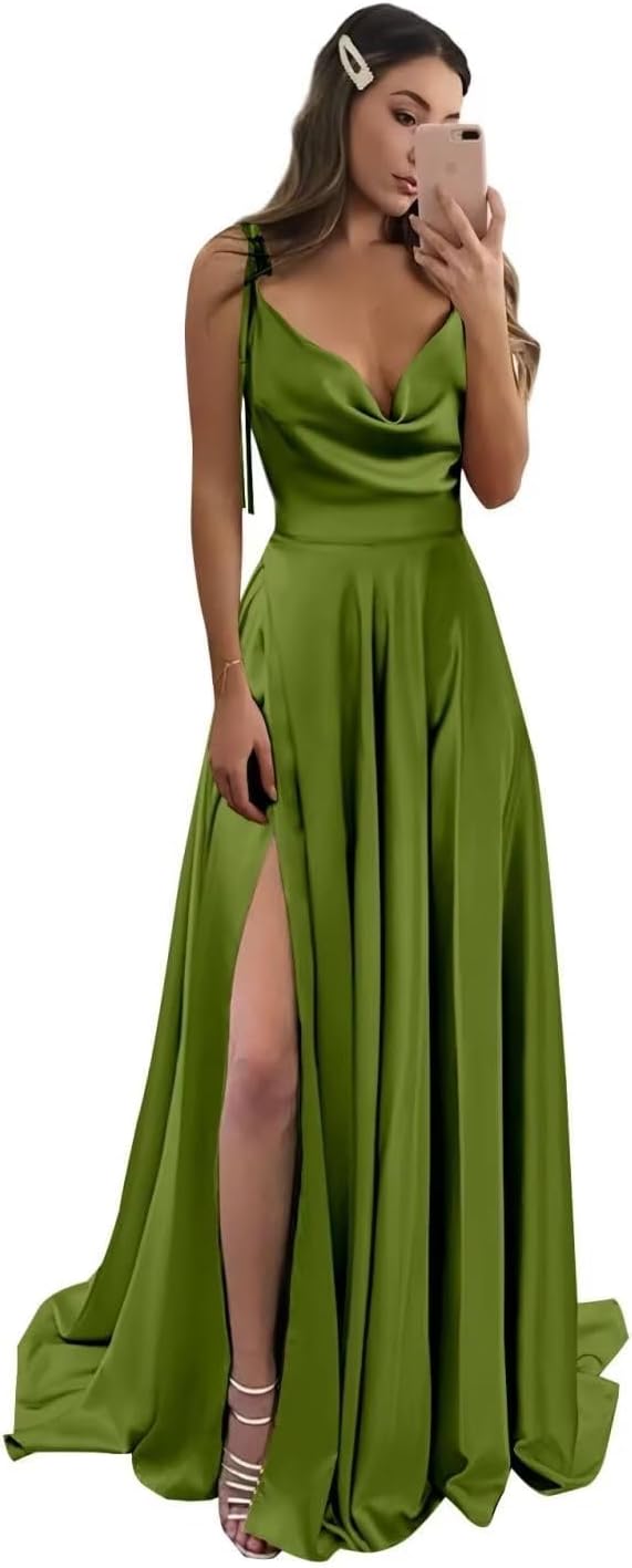 Vestidos de fiesta largos de satén con abertura alta para mujer, 2024, tirantes finos ajustables, vestidos de fiesta formales con bolsillos 