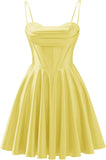 Spaghetti Straps Satin Homecoming Dresses for Teens Ruched Corset Short Prom Dresses 2026