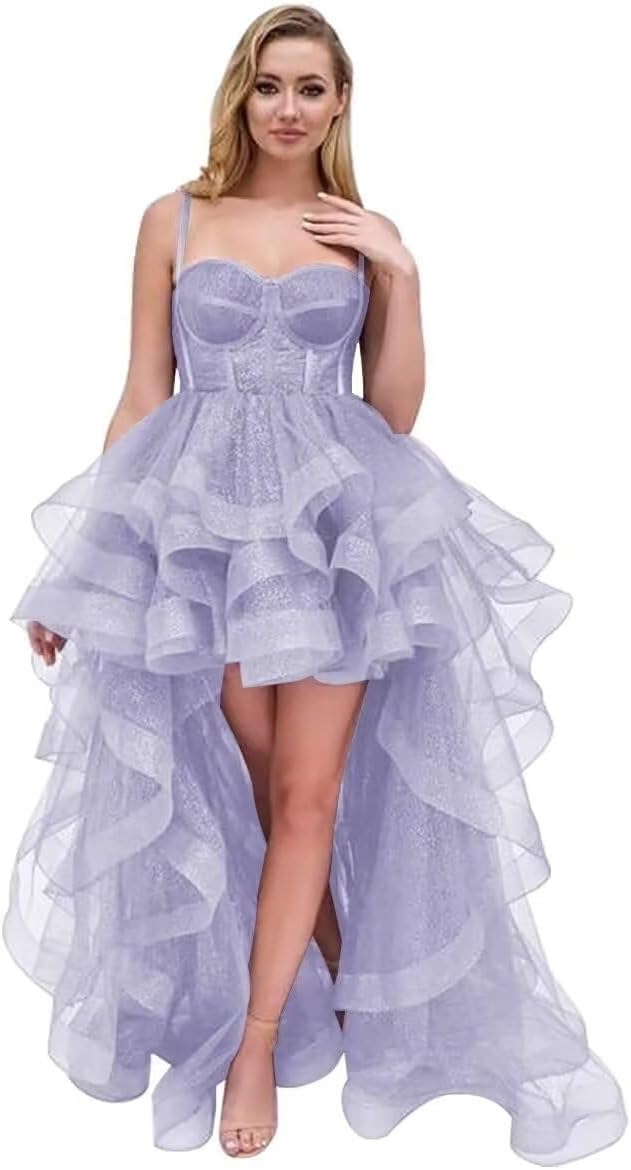 Spaghetti Cocktail Party Dress for Women High-Low Ruffled Summer Dress Long Trailing Prom Ball Gown