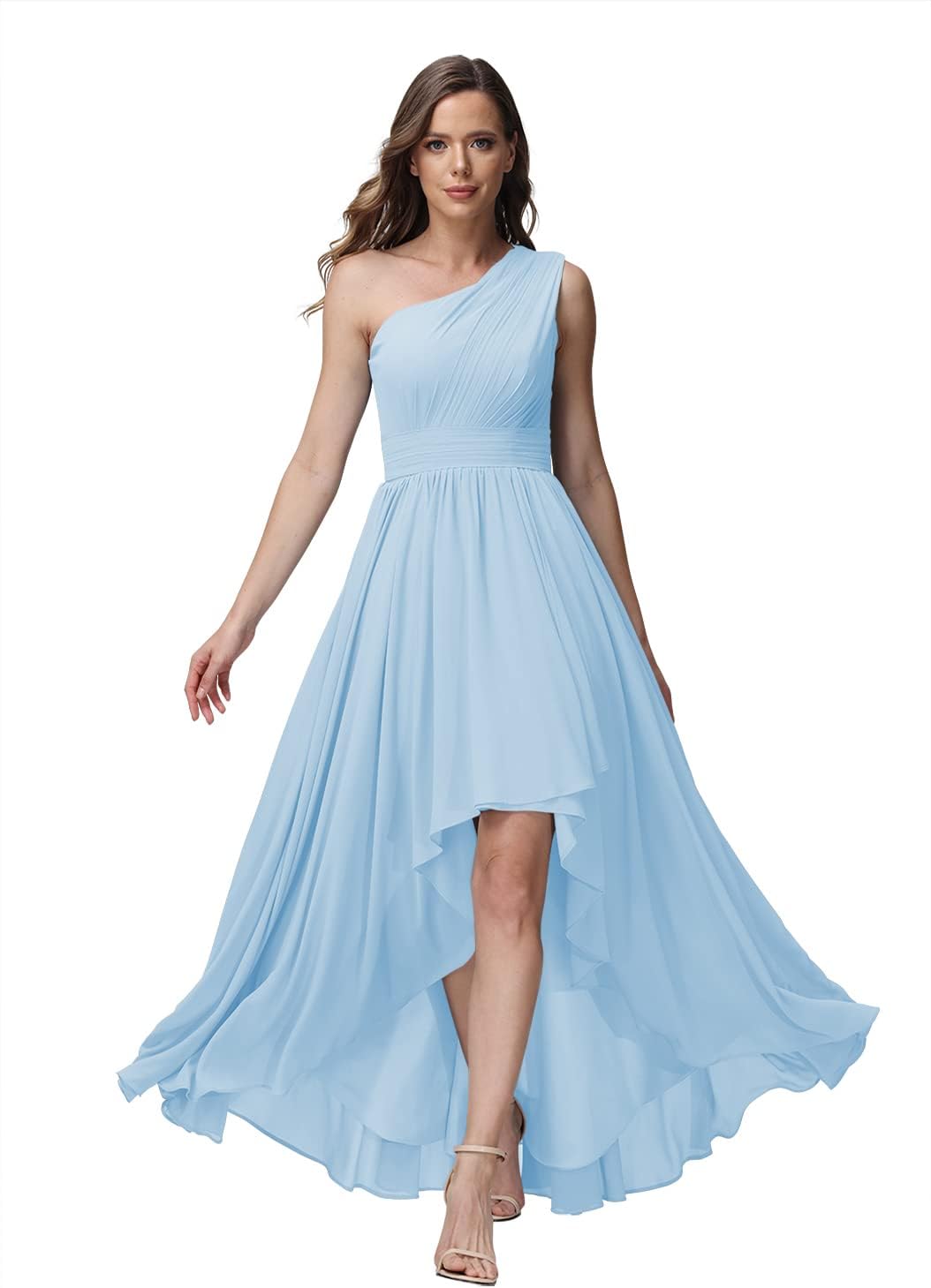 Vestido de dama de honor de un solo hombro para mujer, vestido formal de noche de gasa con bolsillos y corte alto bajo