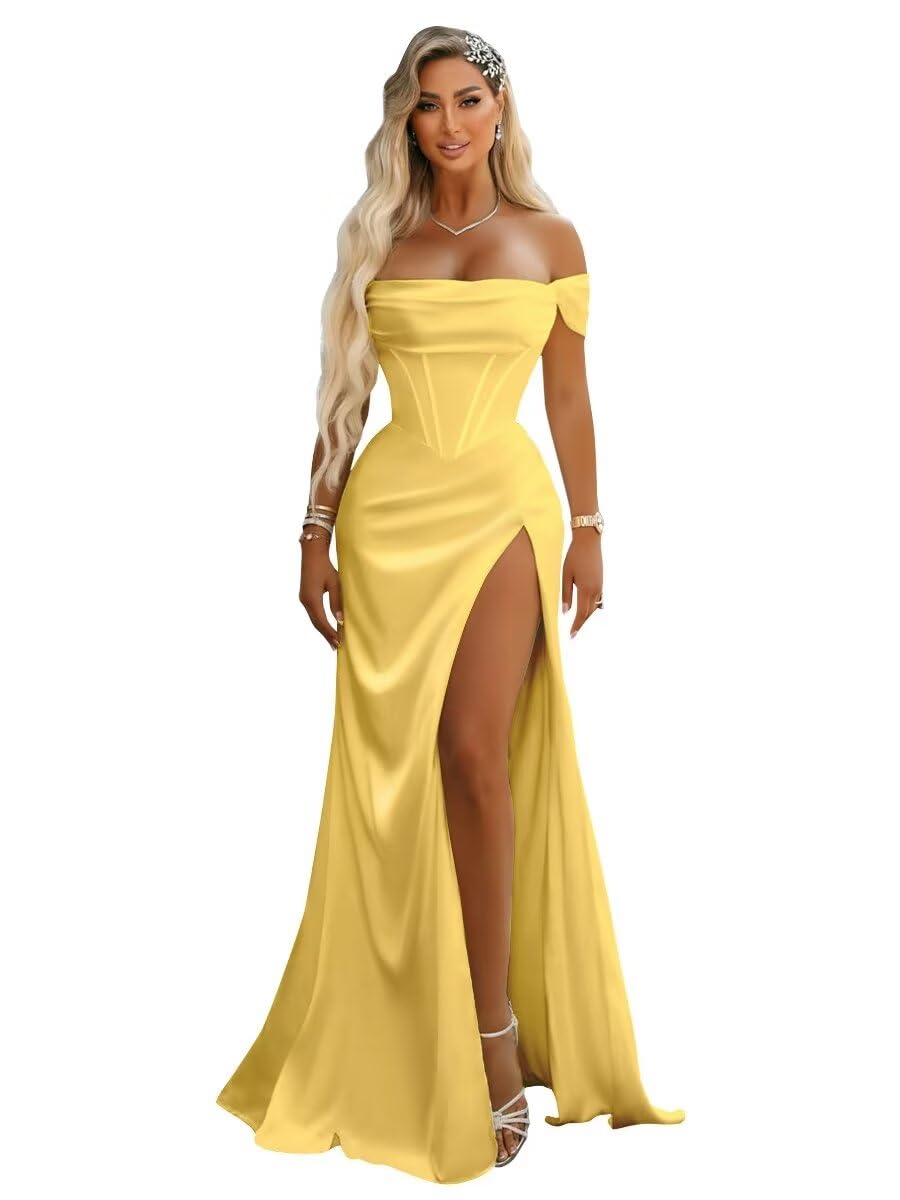 Off Shoulder Mermaid Prom Dresses with Slit 2027 Long Satin Pleated Formal Dress for Women Evening Party