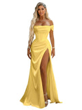 Off Shoulder Mermaid Prom Dresses with Slit 2027 Long Satin Pleated Formal Dress for Women Evening Party