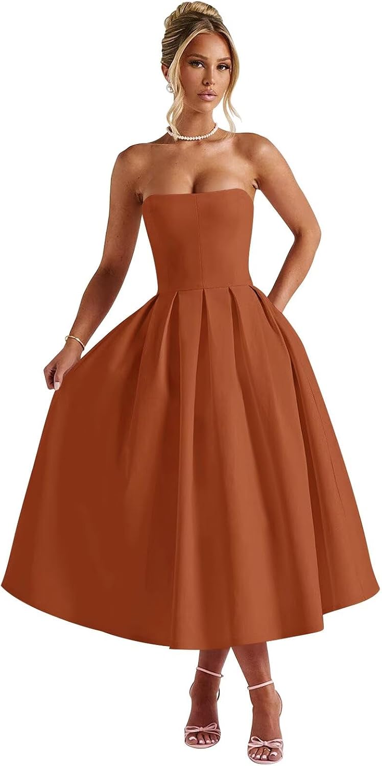 Strapless Satin Tea Length Prom Dresses for Women 2027 A-Line Corset Backless Cocktail Bridesmaid Dress with Pocket