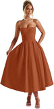 Strapless Satin Tea Length Prom Dresses for Women 2027 A-Line Corset Backless Cocktail Bridesmaid Dress with Pocket