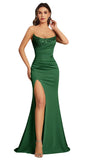 Mermaid Satin Prom Dresses for Women Strapless Sequin Formal Dress 2027 Pleated Evening Party Gowns with Slit