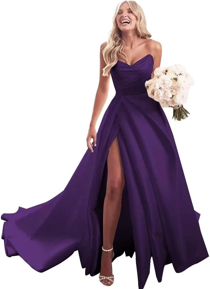 Trägerloses Ballkleid, langes Ballkleid, Satin-Brautkleid für die Braut, A-Linie, formelle Abendkleider mit Schlitz 