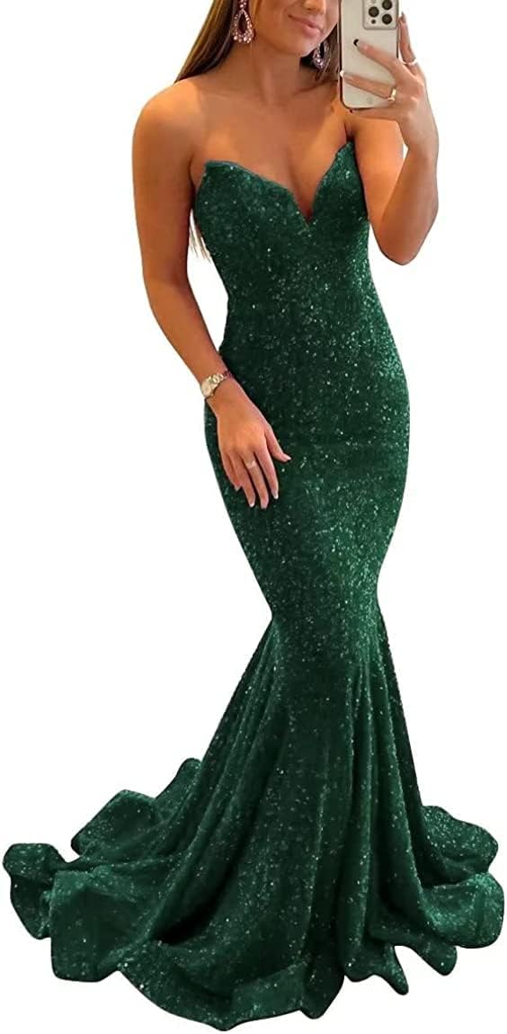 Women's Strapless Sequin Prom Dresses with Train Criss-Cross Mermaid Long Formal Evening Gowns