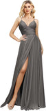 V Neck Satin Bridesmaid Dresses Spaghetti Straps Prom Dress Slit Wedding Formal Evening Party Dress