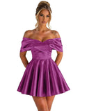 Off Shoulder Satin Homecoming Dresses for Teens 2026 Short Prom Dress A-line Pleated Cocktail Party Gowns