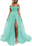 Off The Shoulder Tulle Prom Dress with Laces Applique A-line Slit Long Ball Gowns Glitter Formal Evening Dress