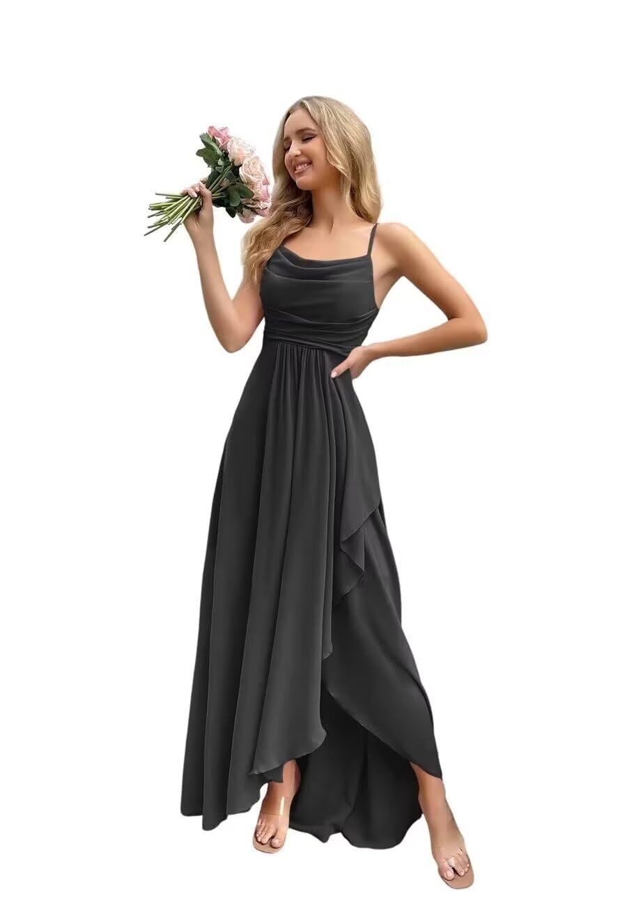 Spaghetti Strap Chiffon Bridesmaid Dresses for Women Long Ruched A-Line Cowl Neck Formal Evening Gowns with Slit