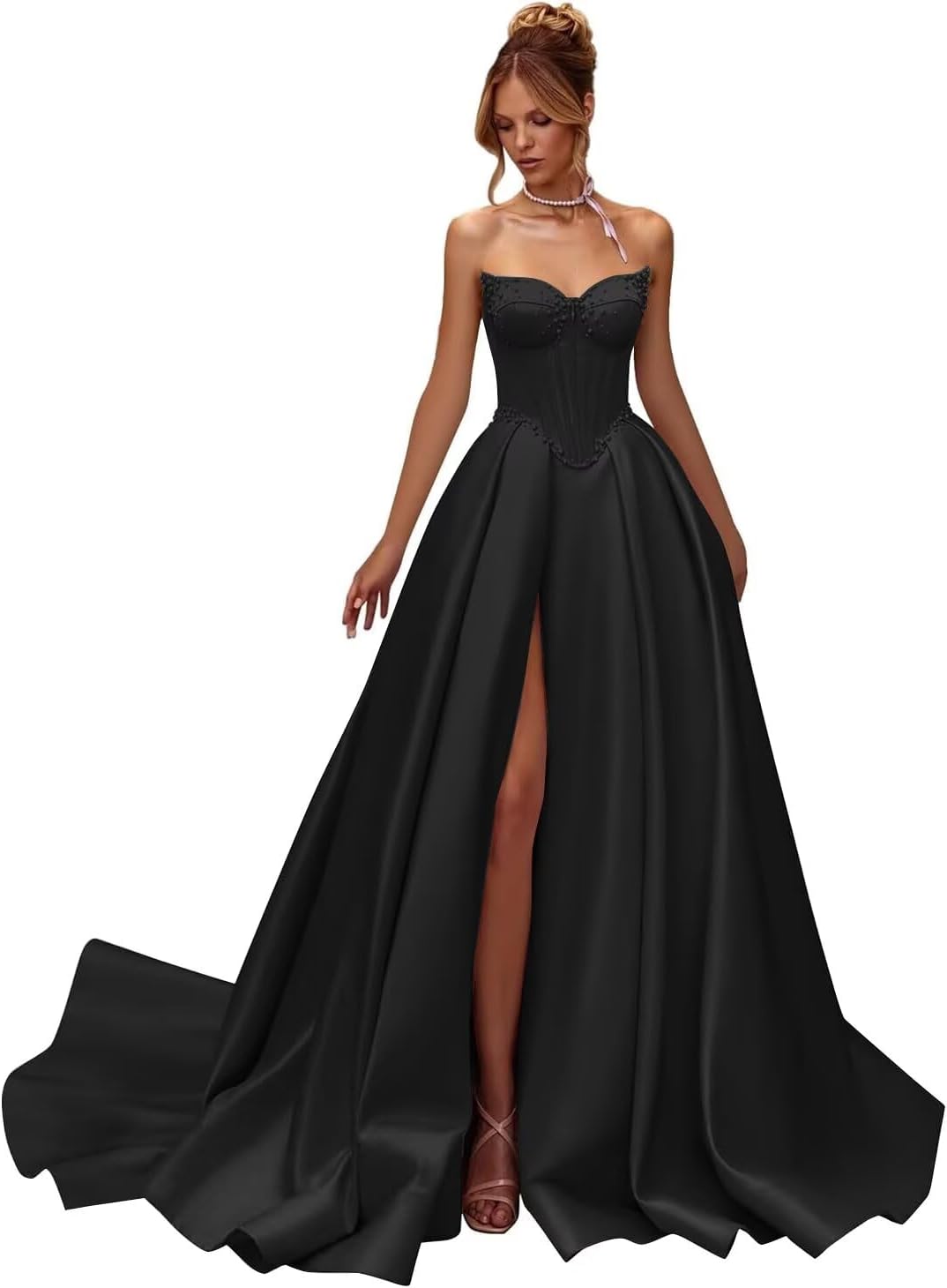 Kingbridal Gowns Strapless Prom Dresses for Women 2026 Long Satin A-line Formal Dress with Slit Beaded Corset Evening Party Gowns