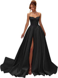 Kingbridal Gowns Strapless Prom Dresses for Women 2026 Long Satin A-line Formal Dress with Slit Beaded Corset Evening Party Gowns