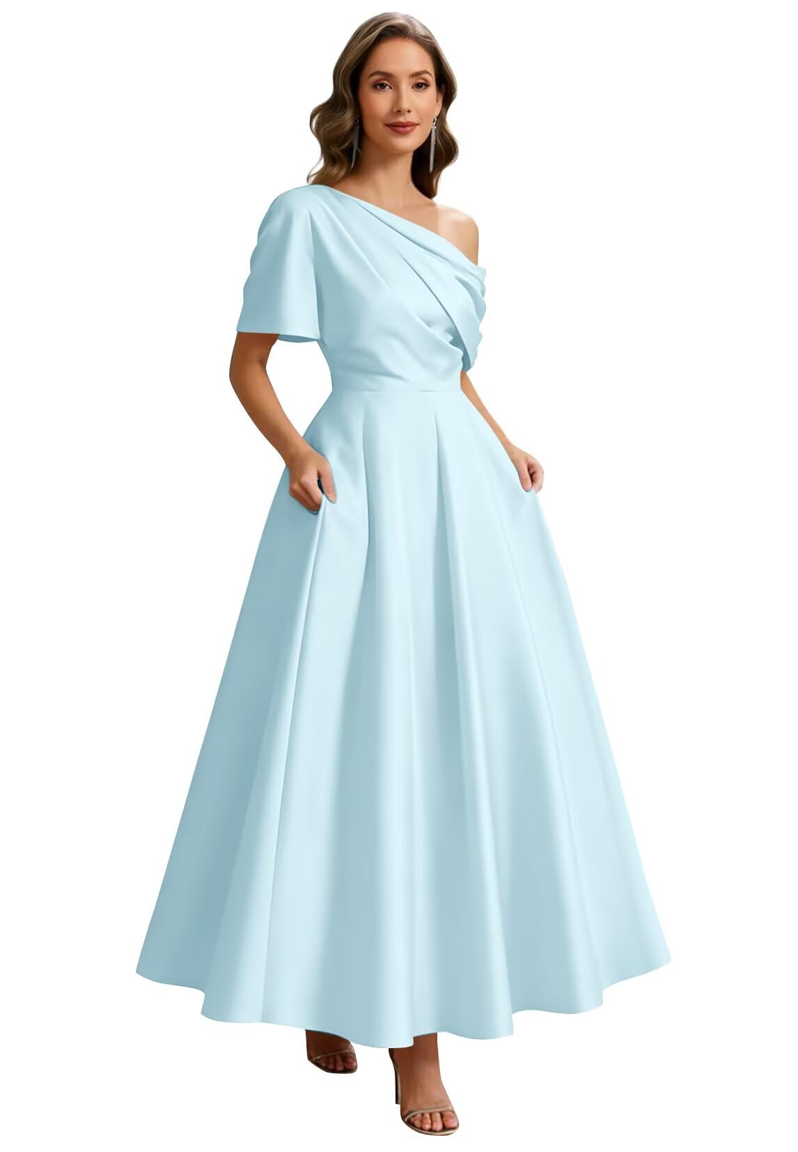 Kingbridal Satin Mother of The Bride Dresses for Women Tea Length Formal Dress One Shoulder Evening Party Gowns with Pockets