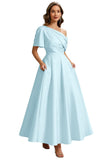 Kingbridal Satin Mother of The Bride Dresses for Women Tea Length Formal Dress One Shoulder Evening Party Gowns with Pockets