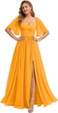 Women's Chiffon Bridesmaid Dresses for Wedding Flutter Sleeves Ruched A Line Long Formal Dress with Slit