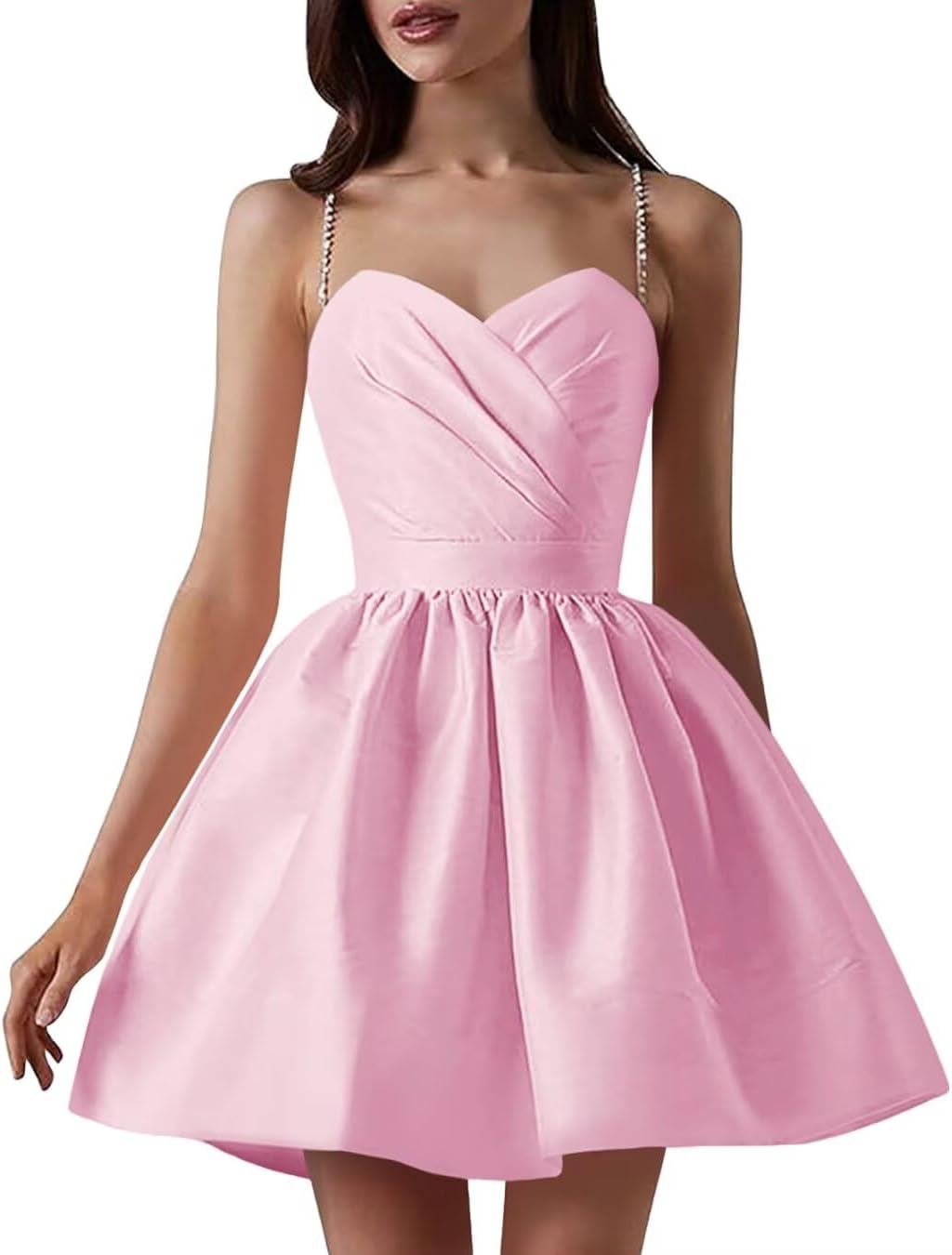 Satin Homecoming Dresses for Teens Spaghetti Straps Short Prom Dress A-Line Cocktail Wedding Guest Dress