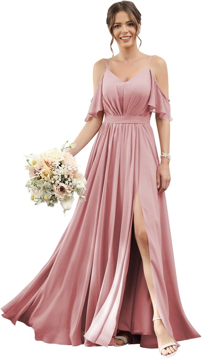 Women's Cold Shoulder Ruffle Sleeves Bridesmaid Dresses for Women 2025 Pleated Chiffon Formal Dresses with Slit