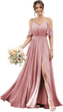 Women's Cold Shoulder Ruffle Sleeves Bridesmaid Dresses for Women 2025 Pleated Chiffon Formal Dresses with Slit