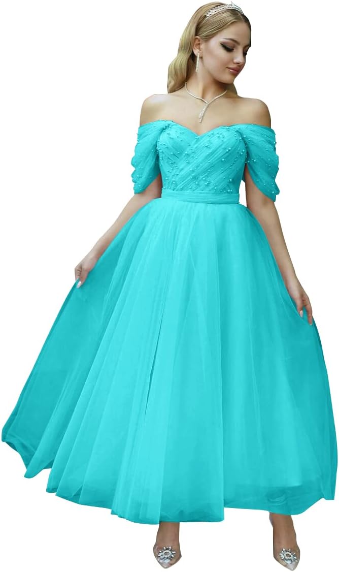 Tulle Tea Length Prom Dresses for Women Off The Shoulder Ball Gowns Teens Sweetheart Beaded Puffy Princess Dress