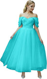 Tulle Tea Length Prom Dresses for Women Off The Shoulder Ball Gowns Teens Sweetheart Beaded Puffy Princess Dress