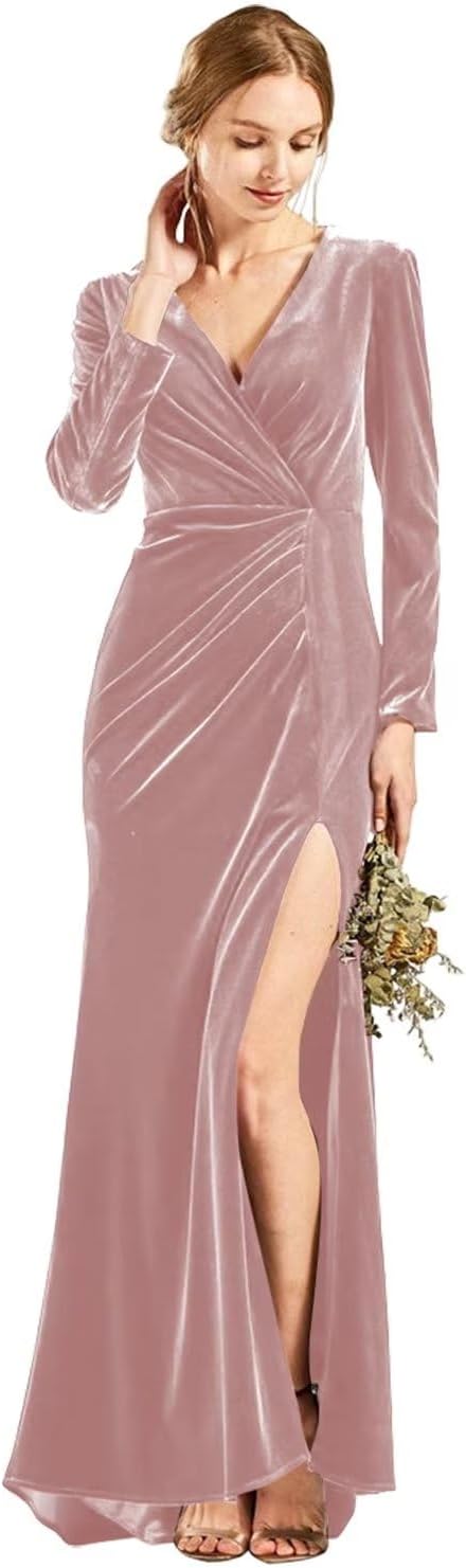 Langärmliges Brautjungfernkleid aus Samt mit Schlitz, V-Ausschnitt, Meerjungfrau-Stil, formelles Kleid für Damen