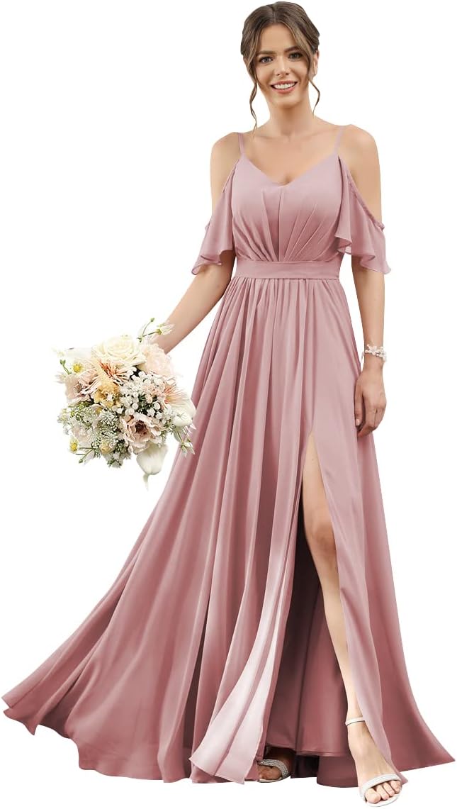 Women's Cold Shoulder Ruffle Sleeves Bridesmaid Dresses for Women 2025 Pleated Chiffon Formal Dresses with Slit