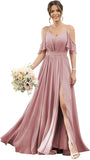 Women's Cold Shoulder Ruffle Sleeves Bridesmaid Dresses for Women 2025 Pleated Chiffon Formal Dresses with Slit