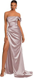 One Shoulder Mermaid Bridesmaid Dresses with Slit 2025 Pleats Satin Formal Evening Gowns for Women