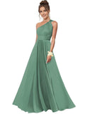 One Shoulder Bridesmaid Dresses for Women Chiffon A Line Pleated Long Formal Gowns with Pockets
