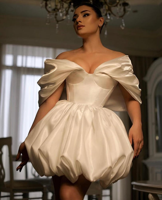 Off The Shoulder Short Wedding Dresses for Bride Puffy Satin Bridal Dresses w/Pockets Strapless Formal Ball Gowns