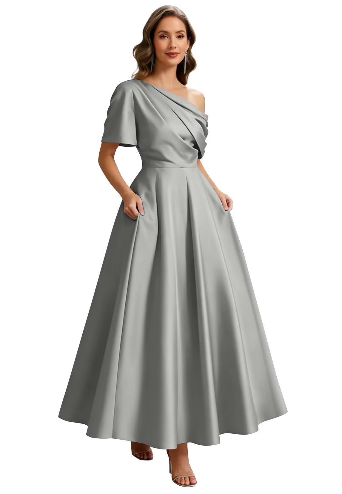 Kingbridal Satin Mother of The Bride Dresses for Women Tea Length Formal Dress One Shoulder Evening Party Gowns with Pockets