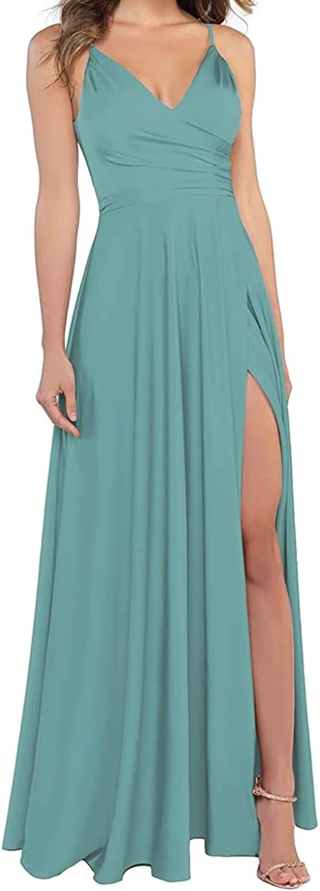 Lange Brautjungfernkleider für Frauen, formelle Satin-Spaghettiträger, Abschlussball- und Abendkleider 