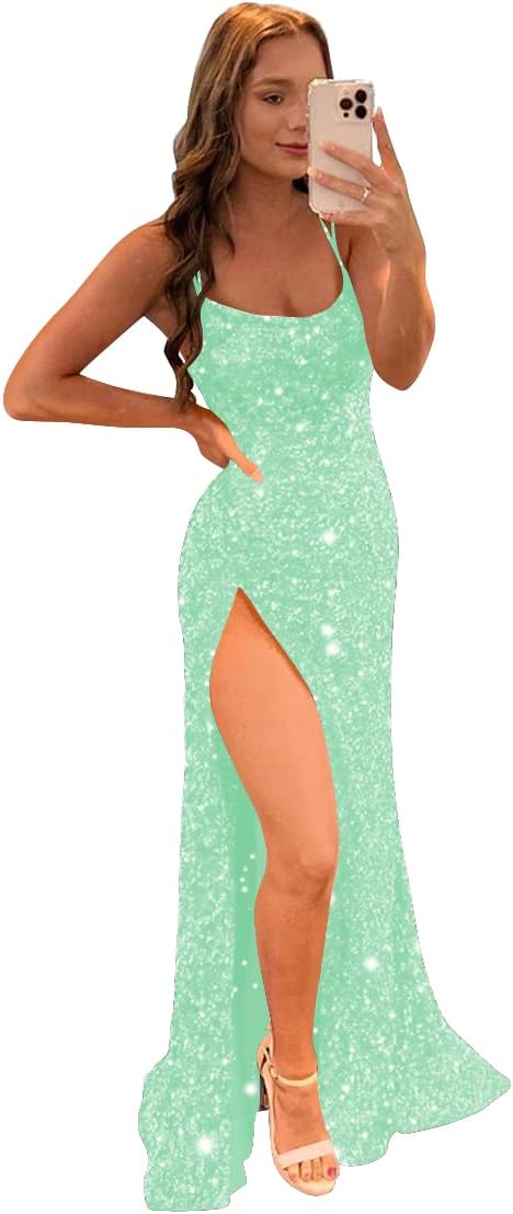 Women's Sequin Mermaid Prom Dresses with Slit Glitter Criss-Cross Long Formal Evening Gowns