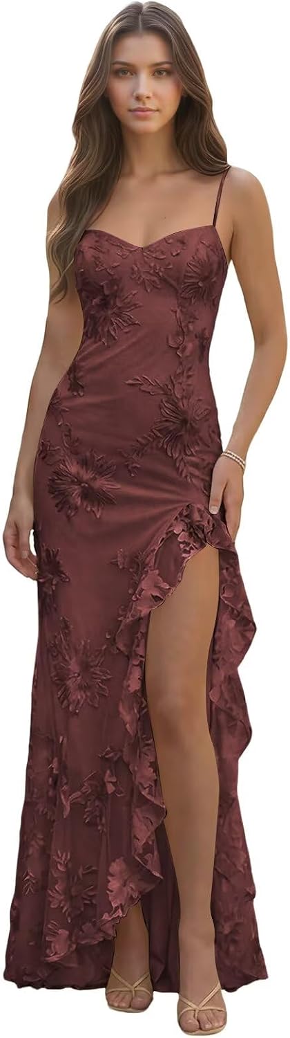 Spaghetti Straps Floral Embroidery Mermaid Prom Dress 2026 Long Corset Formal Evening Gowns with Ruffle Slit