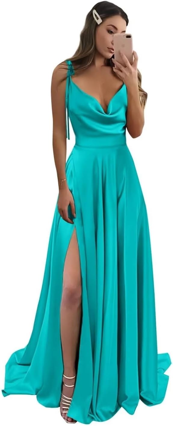 Vestidos de fiesta largos de satén con abertura alta para mujer, 2024, tirantes finos ajustables, vestidos de fiesta formales con bolsillos 