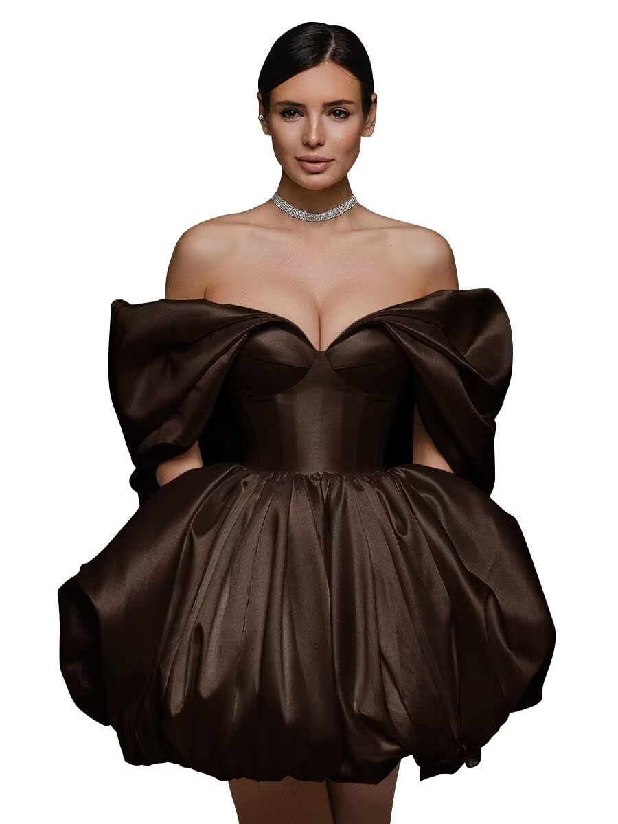 Off The Shoulder Short Wedding Dresses for Bride Puffy Satin Bridal Dresses w/Pockets Strapless Formal Ball Gowns