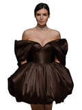 Off The Shoulder Short Wedding Dresses for Bride Puffy Satin Bridal Dresses w/Pockets Strapless Formal Ball Gowns